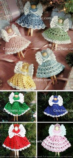 crocheted christmas tree ornaments are shown in four different colors