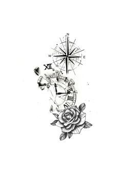 a black and white drawing of a rose with compass tattoo design on it's side