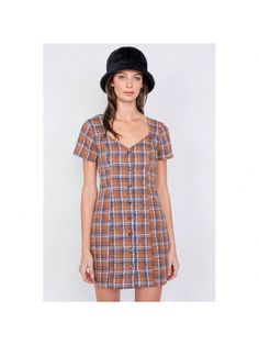 Imported
 S.M.L
 white brown and blue checkered stripes, v-neck, cut out open back, front button closure, short sleeve, mini length, busty darts, boho, casual, chic, smocked back detail, vintage, some stretch, lined.
 60% Cotton 40% Polyester 
 Brown 
 TSH Brown Multi Checkered Stripe Casual Open Back Vintage Mini Dress
Brown Multi Checkered Stripe Casual Open Back Vintage Mini Dress Multicolor Casual  Short Sleeve  Plaid A Line   Women Clothing, size features are:Bust: ,Length: ,Sleeve Length: Vintage Mini Dress, Vintage Mini Dresses, Blue Checkered, Brown And Blue, Boho Casual, All Fashion, Women Clothing, Casual Chic, Open Back