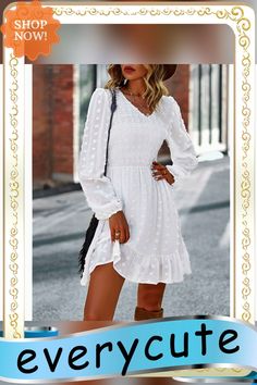 White Swiss Dot V Neck Pleated Long Sleeve Dress Long Sleeve Polka Dot Mini Dress For Spring, Polka Dot Casual Mini Dress For Fall, Casual Polka Dot Mini Dress For Fall, Casual Mini Dress With Polka Dots For Fall, Casual Polka-dotted Mini Dress For Fall, Swiss Dot, Mini Dresses, Women Dresses, Sleeve Dress