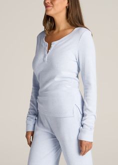 About Our Ribbed Henley Long Sleeve Shirts for Tall Women It’s high time that the world has loungewear henleys for tall women. As much as you want to wear regular tops, pants, and sweatsuits, it’s difficult to find pieces that fit properly, are long enough and won’t shrink in the wash. That’s exactly why we made this women’s tall top, just for ladies from 5’9 to 6’6. Our Ribbed Henley Lounge Top is ultra-cozy and addictive to wear. A perfect match for our Ribbed Flare Lounge Pants, this henley h Cozy Blue Tops For Lounging, Cozy Blue Top For Lounging, Cozy Blue Tops For Loungewear, Flare Lounge Pants, Henley Long Sleeve, Ankle Socks Women, Lounge Top, Cute Pajamas, Henley Top