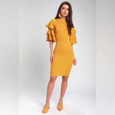 Lulu’s Omna Mustard Yellow Statement Sleeve Midi Dress Size: Small Condition: Nwot Liven Up Your Wardrobe With The Lulus Omna Mustard Yellow Statement Sleeve Midi Dress! A Bold And Bright Mustard Yellow Knit Construction, Paired With Tiered Flare Sleeves Make This Midi Dress A Statement Piece! Ribbed Rounded Neckline Tops The Bodycon Bodice That Ends At A Chic, Modest Hem. Pair With Pumps And An Equally Fabulous Clutch! Unlined. 80% Rayon, 20% Nylon. Dry Clean Only. Imported. Style 745502 Yellow Ruffled Knee-length Midi Dress, Yellow Midi Dress With Ruffles For Fall, Yellow Ruffled Midi Dress For Fall, Fall Yellow Midi Dress With Ruffles, Yellow Midi Dress For Fall Brunch, Fitted Mustard Dress With Ruffles, Elegant Yellow Bodycon Dress For Brunch, Fitted Yellow Bodycon Dress For Brunch, Yellow Knee-length Midi Dress For Brunch