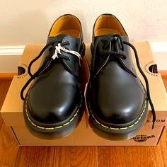 These Are Doc Martens Black Oxford Shoes In Women’s Size 7. These Have Never Been Worn. Comes With The Original Box. Classic Black Oxfords Medium Width, Black Leather Shoes For Derby In Fall, Black Dress Shoes For Derby In Fall, Doc Martens Black, Black Oxford Shoes, Black Oxfords, Doc Martens, Loafer Flats, Flat Shoes Women