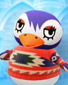 a stuffed penguin with big eyes and an ugly sweater is standing in front of a blue background