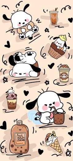 an image of some cartoon animals eating ice cream and drinking coffee on the beach with hearts around them