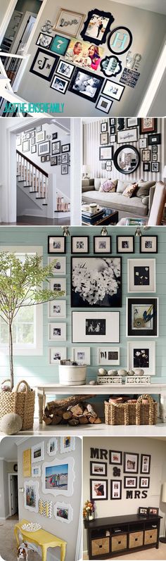 there are many different pictures on the wall in this room and one is filled with photos