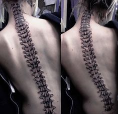 the back of a woman's neck with a tattoo design on her left side