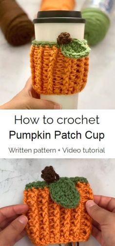 the crochet pumpkin patch cup cozy pattern is shown in two different colors and sizes