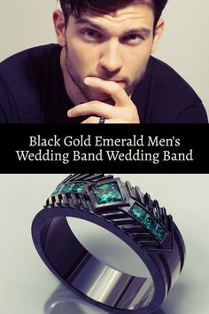 black gold emerald men's wedding band with green diamond inlays on it