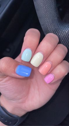 Revel nail spring collection—thumb to pinky: dewdrop, julep, mellow, sorbet, debutante Rainbow Dip Nails, Nail Spring, Revel Nail, Dip Nails, Pastel Rainbow, Spring Collection, Spring Nails, Dip