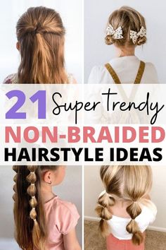 We tried one of these no braid hairsyles this morning before school and my daughter loved her hair! Thank you for this list! Long Hair Girl Hairstyles, Easy Hairstyles For Kids To Do, Cute Girls Hairstyles For School, First Grade Hairstyles Girl, Picture Hairstyles For Kids, Last Day Of School Hair, Simple Girls Hairstyles Kids, Fun Girls Hairstyles, Hairstyles For 9 Year Girl