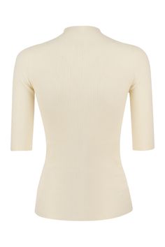 Indulge in the luxurious comfort and style of this wool tricot sweater with elbow sleeves and a high collar. Whether worn on its own or as an under-jacket, this sweater's snug fit will keep you warm and chic all day long. The ribbed knit, round neckline, and ribbed cuffs, collar, and hem finishes add a touch of sophistication to this versatile piece, making it a must-have for anyone who appreciates high-quality, designer fashion. Material: Wool tricot Sleeve Length: Half sleeves Design: Dry fit Hem Finishes, Pleats Please Issey Miyake, Elbow Sleeve, Yoga Wear, Sleeve Designs, High Collar, Dress Codes, Half Sleeves, Women Collection