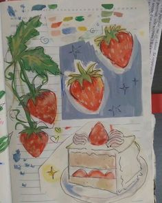 a drawing of strawberries on top of a piece of cake