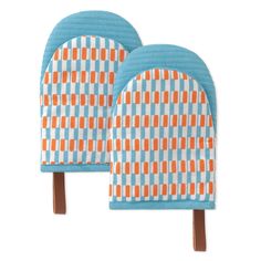 two oven mitts with blue and orange designs