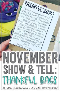 a hand holding a paper bag with the words november show and tell