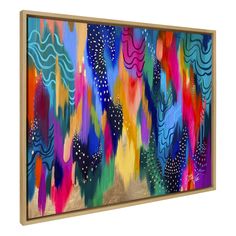 an abstract painting with blue, yellow and pink colors