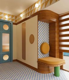 a bathroom with blue and white checkered tile on the floor, wooden door and mirror