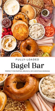 the bagel bar is full of different types of breads, fruit and dips