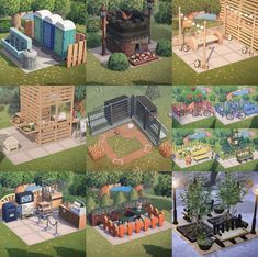 several different types of houses and gardens in the game animal crossing, which are all made up of wooden pallets