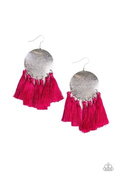 A fringe of shiny pink threaded tassels swing from the bottom of a warped silver disc brushed in an incandescent metallic shimmer for a whimsical flair. Earring attaches to a standard fishhook fitting. Sold as one pair of earrings. p5st-pkxx-002xx Pink Tassel, Disc Earrings, Fish Hook Earrings, Pink Necklace, Paparazzi Accessories, Affordable Jewelry, Tassel Fringe, Paparazzi Jewelry, Pink Earrings