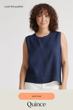 An all-year essential. This linen tank top is made from soft, textured 100% organic linen. It's perfect to layer under a cardigan or does just as well on its own on those warmer days. Especially with the matching linen pants.  | Quince | Women's Tank Top in Deep Navy, Size Large, Linen Linen Tank Top, Linen Tank, European Linens, Organic Linens, Linen Pants, Quince, Tank Tops Women, The 100, Shop Now