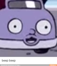 a purple car with eyes and mouth wide open