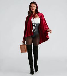 This Halloween, dress up as Lil Red looking like a beauty on your way to Grandma's house! This corset bodysuit will give your costume the perfect blend of sultry and flirty. It features a sleeveless ruched poplin bust, faux leather fabric with a lace-up front corset design for a snatched waist, and a form-hugging silhouette. Complete the costume with the velvet cape, tights, and thigh-high boots.Fit & FeaturesSleeveless square neckline, ruched poplin bustAdjustable spaghetti straps, back zipper closureFaux leather fabricLace-up front corset design, tie closureCheeky bottom, form-hugging fitRuns true to size Velvet Skater Skirt, Snatched Waist, Corset Bodysuit, Velvet Cape, Halloween Party Outfits, Grandma's House, Bodysuit Top, Leather Corset, Faux Leather Fabric