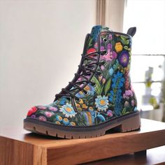 Dark Floral Vegan Boots, Boho Faux-embroidery Floral Boots, Folk Art Boots, Bohemian Festival Boots, Vegan Combat Boots, Cottagecore Boots - Etsy Boots Cottagecore, Cottagecore Boots, Masc Cottagecore, Africa Burn, Dark Floral Pattern, Painted Boots, Art Boots, Freebird Boots, Mid Height Boots