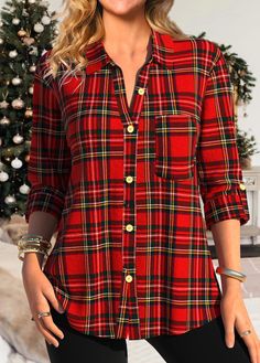 Rotita.com - USD $38.98 Shirt Collar Blouse, Asparagus Casserole, Tartan Plaid Scarf, Womens Outfits, Red Long Sleeve Shirt, Red Plaid Shirt, Long Sleeve Plaid Shirt, Women Shirts Blouse, Red Shirt