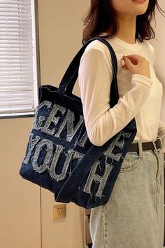 Large-capacity letter denim tote bag Trendy Canvas Bag With Letter Print And Double Handle, Casual Shoulder Bag With Letter Print For Daily Use, Casual Canvas Shoulder Bag With Letter Print, Trendy Everyday Canvas Bag, Trendy Denim Blue Canvas Bag, Large Capacity Denim Blue Canvas Bag, Trendy Rectangular Canvas Bag With Letter Print, Trendy Canvas Tote Bag With Letter Print, Casual Shoulder Bag With Letter Print For Everyday