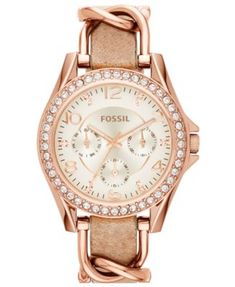 Women's Riley Rose Gold-Tone Chain and Bone Leather Strap Watch 38mm ES3466 | macys.com Fossil Watches Women, Pink Shades, Fossil Watch, Leather Strap Watch, Fossil Watches, Tick Tock, Rose Gold Watch, Watch Collection, Watches Jewelry