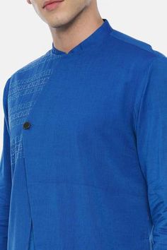 Shop for Mayank Modi - Men Blue Malai Cotton Overlap Kurta Set for Men Online at Aza Fashions Formal Cotton Kurta For Festivals, Formal Festival Cotton Kurta, Cotton Kurta With Woven Motifs For Diwali, Blue Handloom Straight Kurta, Blue Handloom Kurta, Diwali Cotton Kurta With Woven Motifs, Formal Cotton Kurta For Transitional Season, Formal Cotton Kurta, Designer Cotton Bandhgala For Eid