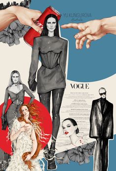 a collage of fashion illustrations with hands reaching for the woman's dress and shoes