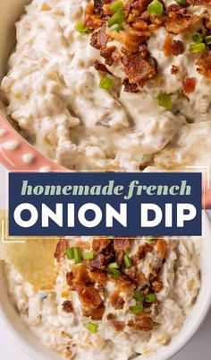 homemade french onion dip in a bowl with bacon and green onions