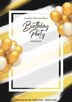 a birthday party with gold and white balloons in the shape of a frame on a striped background