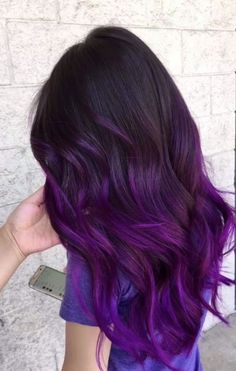 Purple hair Black Roots Purple Hair Ombre, Purple Hair White Streak, Purple Hair Inspo Color, Purple Babylights Hair, Colorful Bayalage Hair, Purple Tips On Brown Hair, Dimensional Purple Hair, Violet Balayage Brunette, Purple Tips Hair Brown