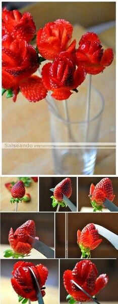 The most creative way to use a strawberry Rose Strawberry Bouquet, Valentines Strawberry, Strawberry Bouquet, Valentine Food, Rose Strawberry, Valentine Strawberries, Strawberry Flowers, Strawberry Rose, Edible Roses