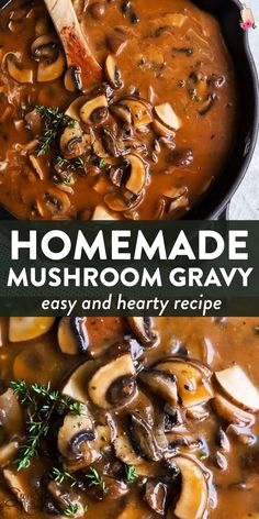 homemade mushroom gravy in a skillet with a wooden spoon on the side