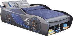 a bed with a race car design on the side and storage compartments underneath it for toys