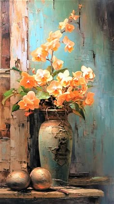 an oil painting of flowers in a vase on a table with two balls and a wall behind it