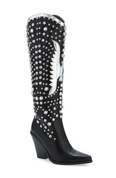 Outstretched wings lend glamour to this statuesque Western boot dazzled with sparkling rhinestones. Synthetic upper, lining and sole Imported Asian Owned/Founded Knee High Western Boots, Tall Western Boot, Azalea Wang, Platform Clogs, Western Boots Women, Denim Skirt Women, Pointed Toe Boots, Western Boot, Skirt Women