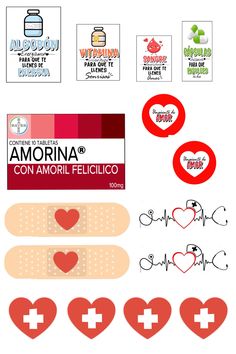 an image of medical stickers with the words corona and hearts on them in spanish