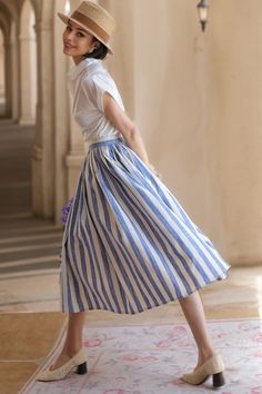 Linen Skirt Midi, Blue Striped Skirt, High Waist Long Skirt, Umbrella Skirt, Striped Midi Skirt, Skirt Maxi, Linen Skirt, Elegant Chic