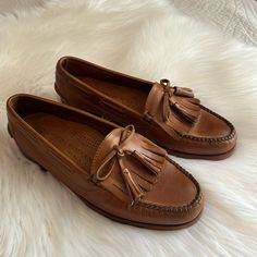 Never Worn, Only Tried On, In Great Condition, No Box. Brown Slip-on Moccasins With Tassels, Brown Leather Shoes With Tassels And Round Toe, Classic Slip-on Moccasins With Tassels, Brown Tassel Loafers With Round Toe, Casual Brown Leather Tassel Loafers, Brown Tassel Slip-on Moccasins, Brown Casual Tassel Loafers With Almond Toe, Classic Tassel Moccasins With Round Toe, Casual Brown Wingtip Tassel Loafers