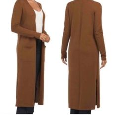 Theory Woman’s Brown Torina Duster Soft Cashmere Long Open Cardigan New With Tags Size:Sp Classic Fitted Open Front Cardigan, Elegant Cardigan With Pockets For Daywear, Elegant Daywear Cardigan With Pockets, Long Fitted Cardigan For Layering, Fitted Long Cardigan For Layering, Long Fitted Cardigan For Workwear, Fitted Long Cardigan For Work, Long Cashmere Cardigan, Thick Knit Cardigan