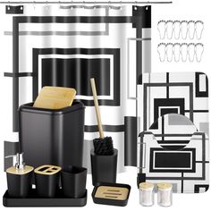 black and white bathroom accessories including toilet brush, soap dispenser, toothbrush holder, tissue paper towel