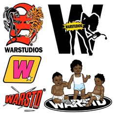 various logos and stickers are shown in this graphic art workbook, which includes children's clothing