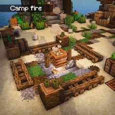 Minecraft Archeology Dig Site, Minecraft Campfire Ideas, Fire Pit Minecraft, Minecraft Fire Pit, Minecraft Camping Site, Minecraft Campsite Ideas, Minecraft Quarry, Minecraft Beacon Design