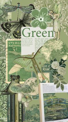 a collage of green images with flowers, butterflies, and insects on it's side