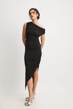 Asymmetric Hem Midi Dress Black | NA-KD Ruched Midi Dress For Date Night, Cocktail Ruched Midi Dress, Black Ruched Maxi Dress In Elastane, Asymmetrical Ruched Midi Dress For Evening, Asymmetrical Ruched Maxi Dress For Night Out, Chic Stretch Midi Dress With Asymmetrical Hem, One-shoulder Stretch Midi Dress, Asymmetrical Hem Elastane Midi Dress, Ruched Midi Dress With Asymmetrical Hem For Evening